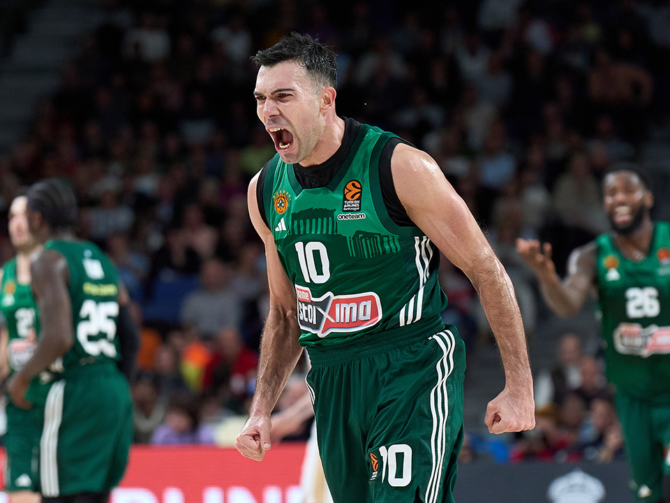 Image of a basketball court. A player wearing a green jersey is shouting passionately on the court, fists clenched by his sides. In the background, other players from the same team can be seen, along with a crowded grandstand filled with spectators.